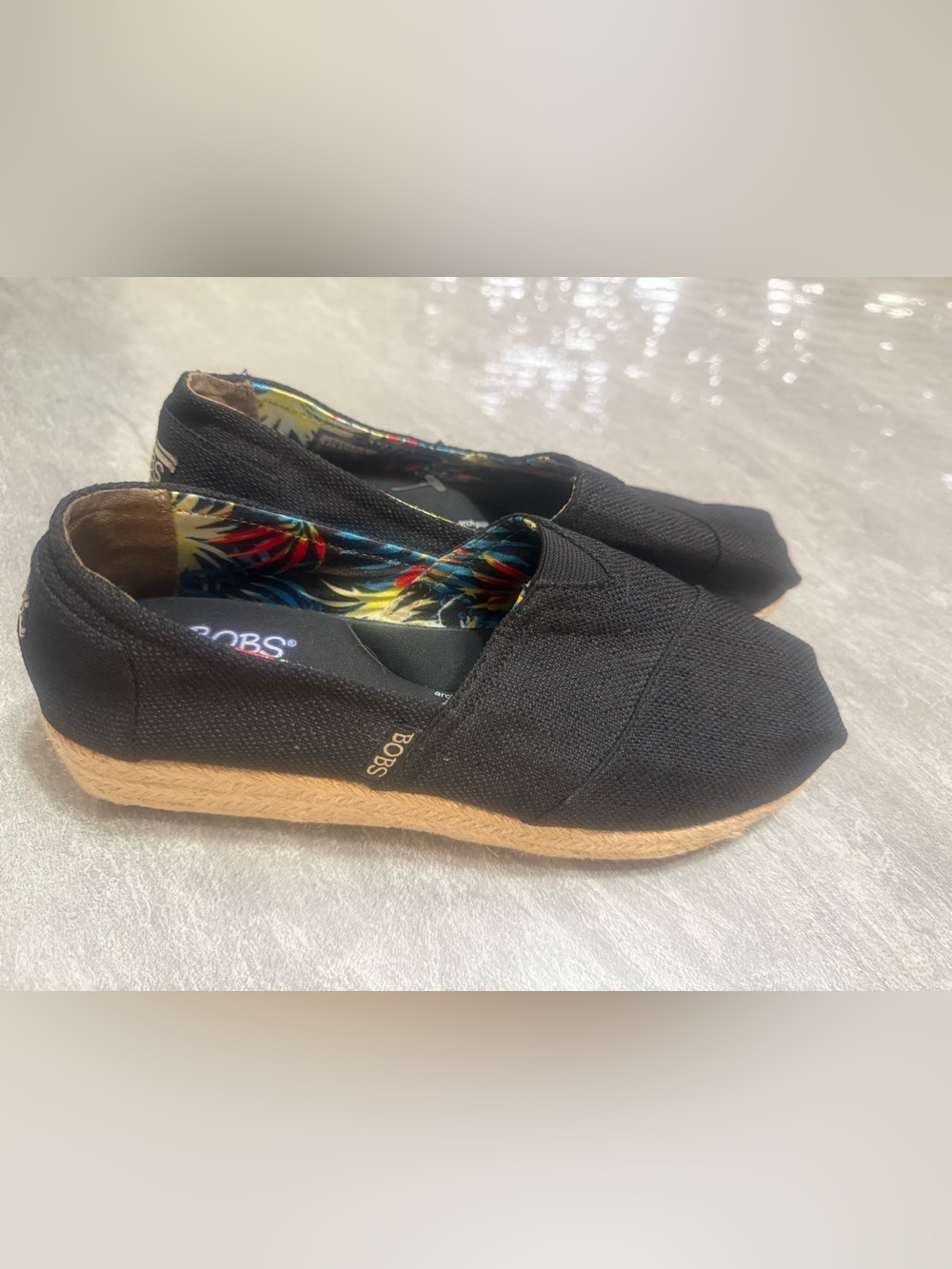 Skechers BOBS Black Espadrille Slip-Ons with Tropical Lining